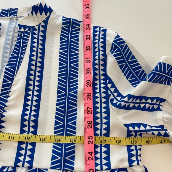 Geometric V-Neck Striped Baby Doll Mini Dress Blue & White Women’s Size Large - Picture 12 of 14
